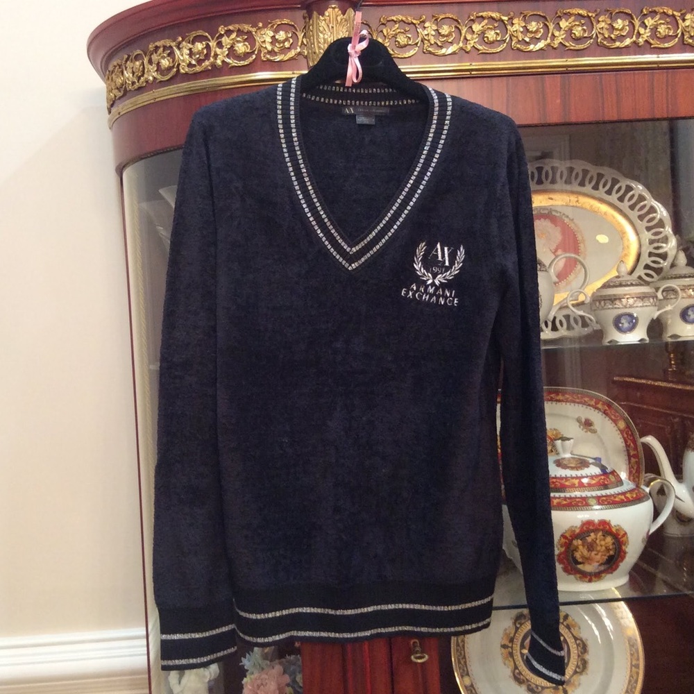 Armani Exchange Logo Long Sleeve V-Neck Black Sweater Top Sz.M